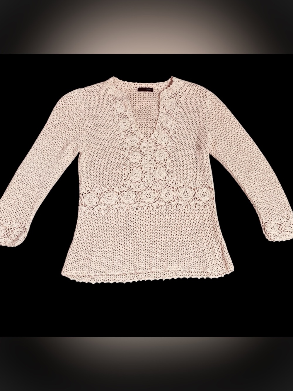 Vtg.  J.Crew Cream Crochet Medallion Cutout V-Neck Sweater Size XS